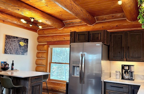 Stagetop Cabin | Modern Log Cabin Retreat: Hot Tub + Fenced Dog Area + Privacy + Starlink + Views