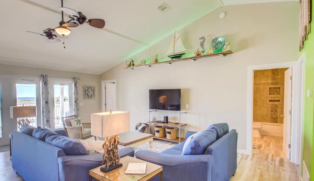 Tranquil covered deck with Gulf views, private pool and easy beach access.